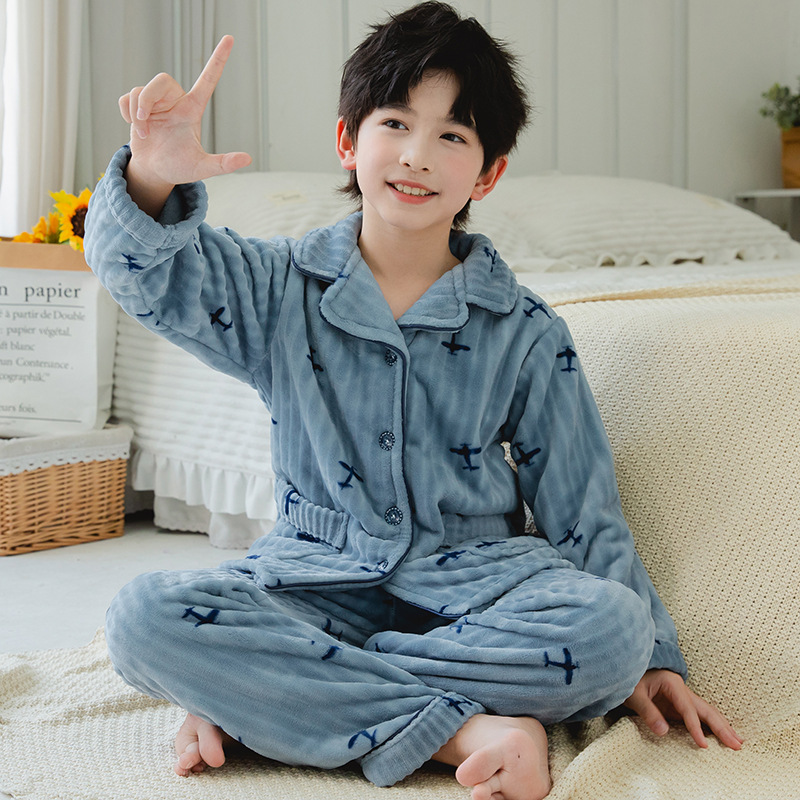 秋冬儿童家居服柔软男孩法兰绒睡衣珊瑚绒男女孩中大童睡衣套装