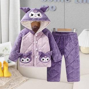 冬季三层夹棉女孩厚睡衣卡通连帽睡衣女童加绒加厚家居服套装