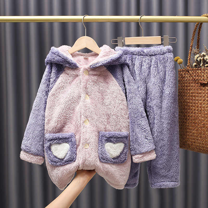 儿童睡衣女童珊瑚绒加厚中长款秋冬家居服小孩法兰绒家居服套装