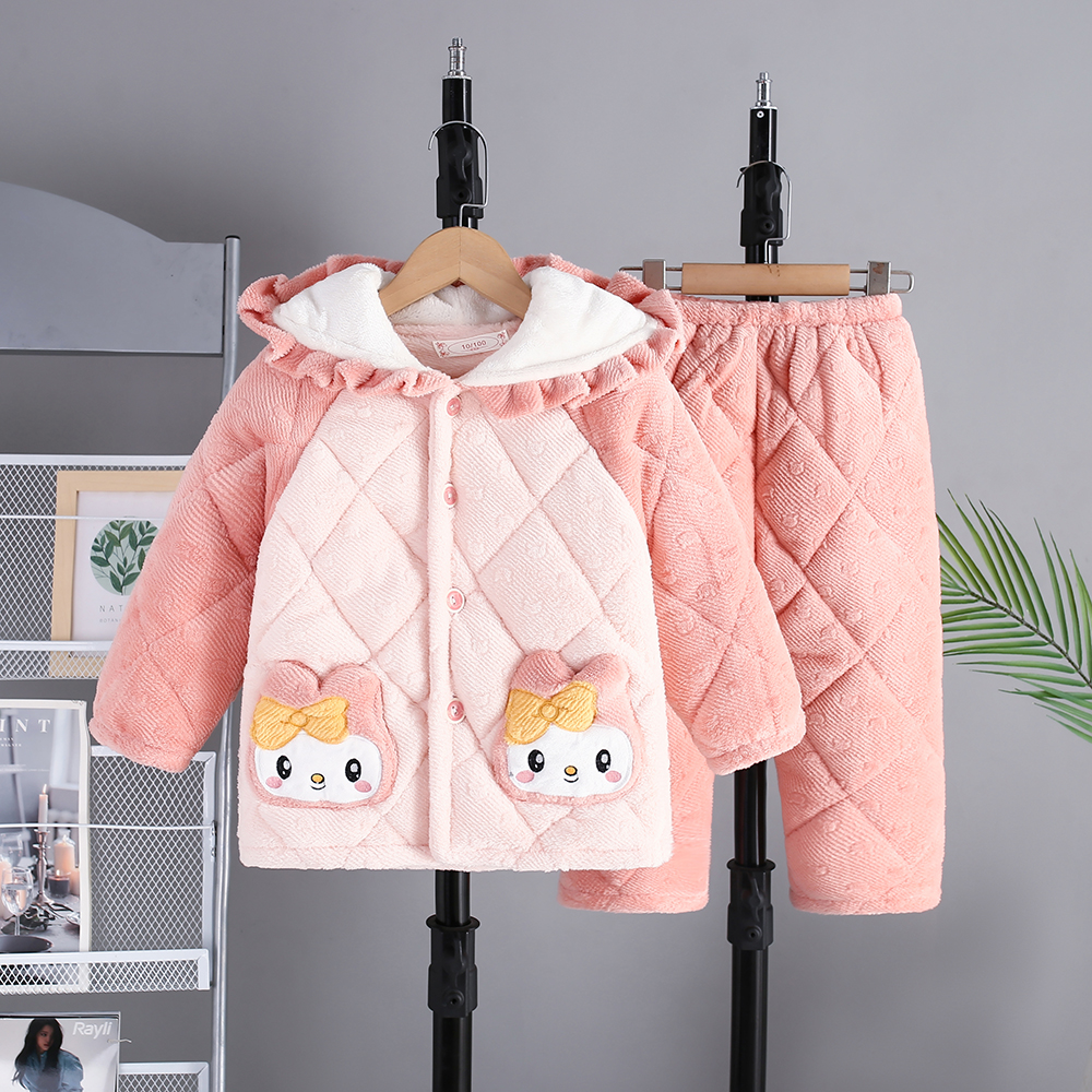 冬季女童加绒加厚家居服套装 母女款三层夹棉卡通连帽厚睡衣