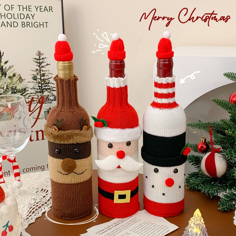 圣诞派对酒瓶套针织装饰品手工编织圣诞老人造型防尘套拍照道具