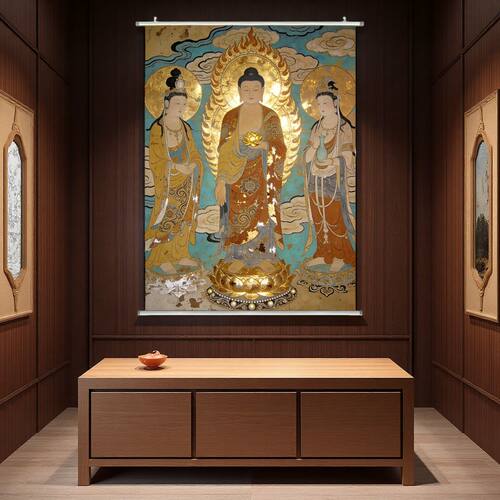 敦煌西方三圣卷轴挂画防水复古