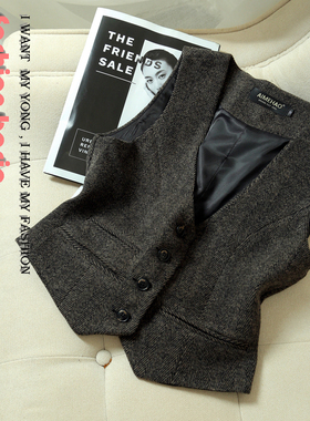 韩版复古U领人字纹大衣叠穿毛呢马夹 百搭修身无袖西服马甲女春秋