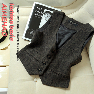 无袖 百搭修身 西服马甲女春秋 复古U领人字纹大衣叠穿毛呢马夹 韩版