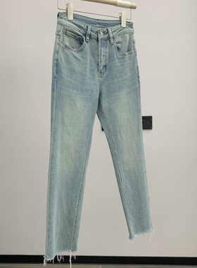 爱了这调调 水洗蓝绿色弹力修身高腰小直筒毛边牛仔裤法棍九分裤