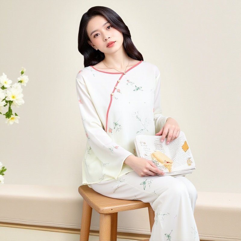 碧纯新中式棉绸睡裙改良中袖女士连衣裙夏季中长款人造棉可外穿