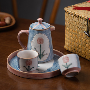 家用咖啡分享壶茶壶杯子 器昔手绘郁金香陶瓷水壶杯子茶盘套组日式