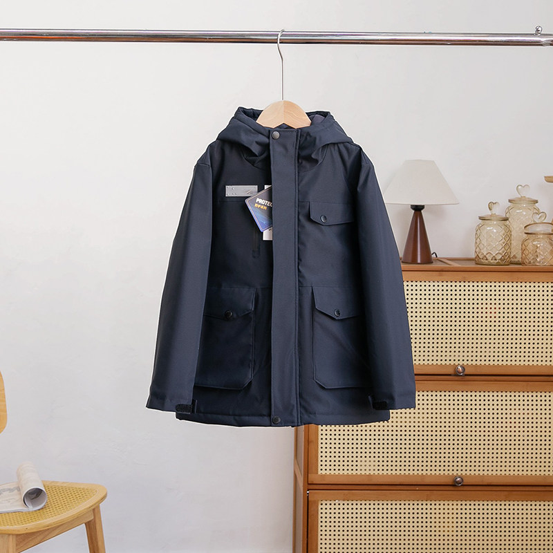 秋冬新款男女童儿童中大童纯色连帽防风防水加绒冲锋衣外套棉袄