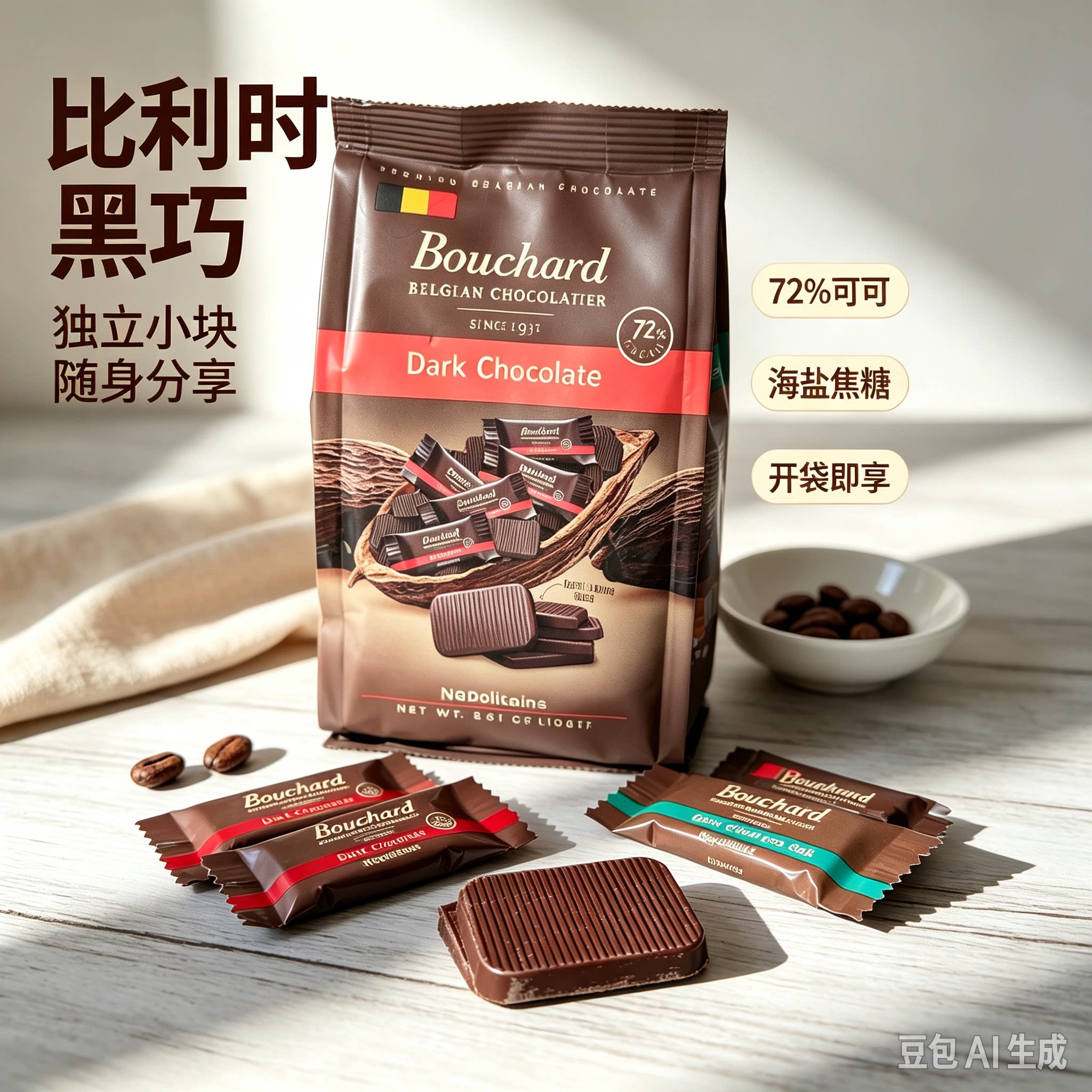 比利时进口Bouchard布夏黑巧海盐焦糖黑巧克力薄片小块独立包装