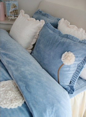 时英 白色枕套短绒床上用品超柔珊瑚绒短毛绒花边公主