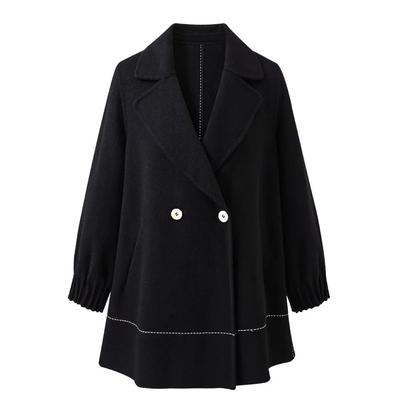 【富婆节】新款气质长款毛呢大衣羊毛袖口褶皱65333