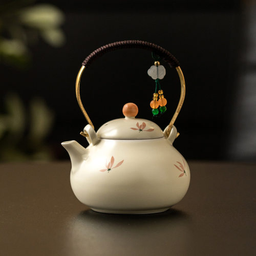 米黄釉兰花绑绳提梁壶大容量茶壶单壶中式陶瓷茶具家用泡茶煮茶壶