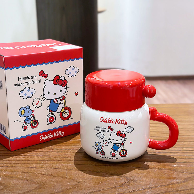 hellokitty凯蒂猫图案水杯马克杯高颜值可爱带盖杯子陶瓷办公室