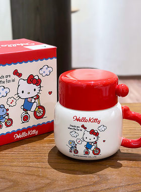 hellokitty凯蒂猫图案水杯马克杯高颜值可爱带盖杯子陶瓷办公室