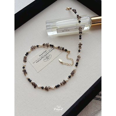天然茶晶碎石黑玛瑙项链锁骨链