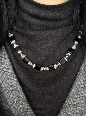 天然黑玛瑙火焰石珍珠撞色项链