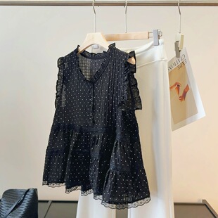 黑色波点木耳花边无袖衬衫女夏新款显瘦百搭气质V领绝美小衫上衣