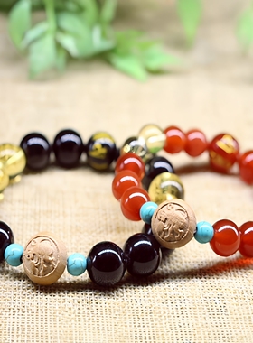 桃木生肖补水火土玛瑙黄水晶手链