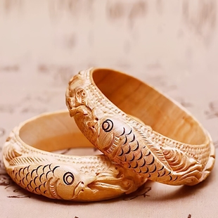 老料桃木手镯女款原木镯子好运锦鲤手环手工雕刻富贵双鱼情缘礼物