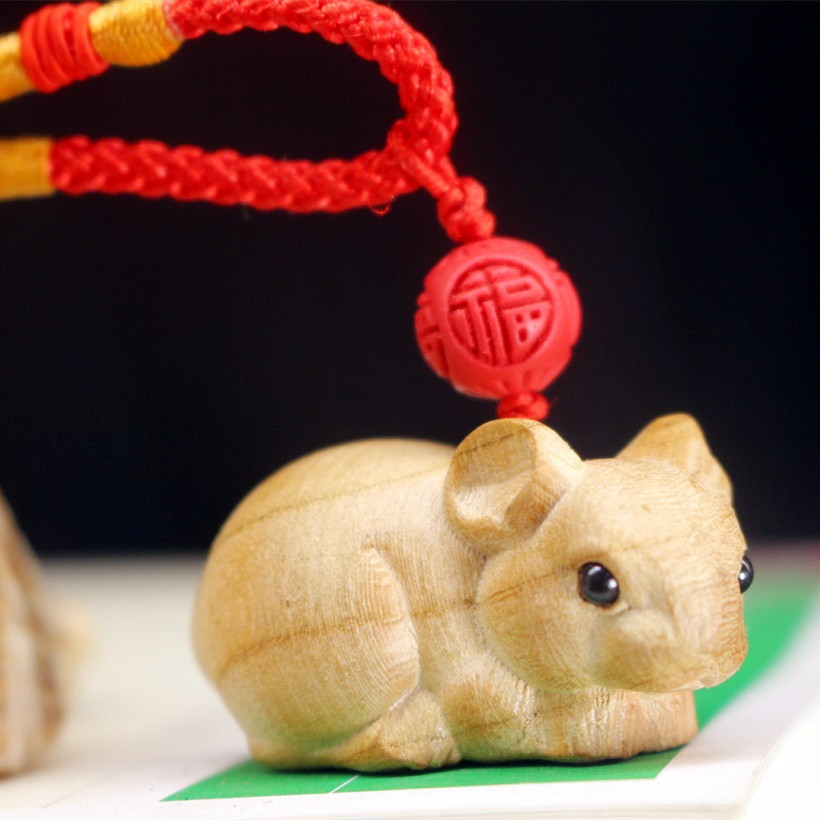 桃木生肖鼠吊坠原木小老鼠项链朱砂龙钱袋鼠钥匙扣挂件男女吉祥物