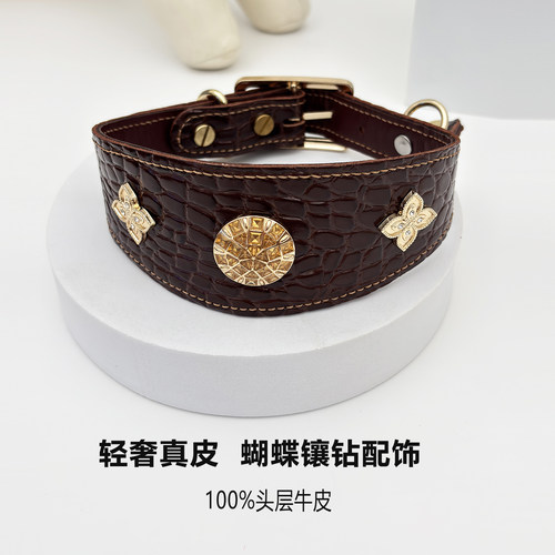 支持定制头层牛皮可调节宠物项圈