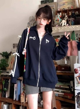 藏蓝色休闲百搭甜美蝴蝶结宽松卫衣秋季大码300斤少女风韩版外套