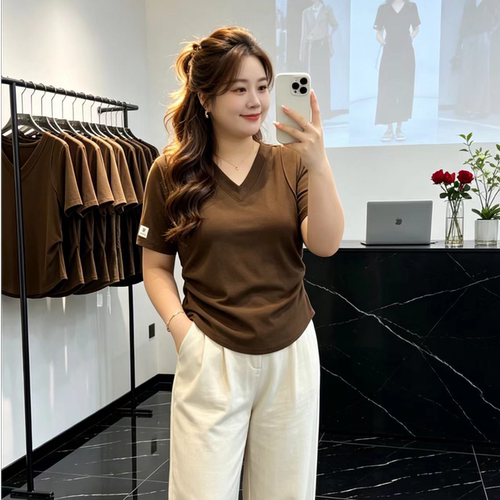复古港式大码胖mm时尚V领百搭短袖T恤女休闲纯色褶皱修身显瘦上衣