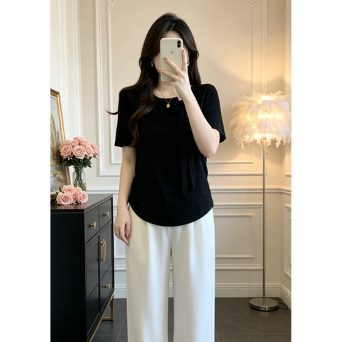 时髦时尚修身显瘦百搭大码短袖T恤女绑带蝴蝶结夏季气质洋气上衣