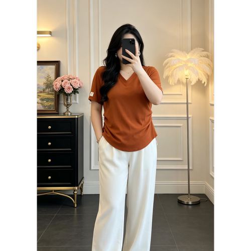 通勤风休闲大码胖mm修身显瘦短袖T恤女洋气纯色V领洋气百搭上衣