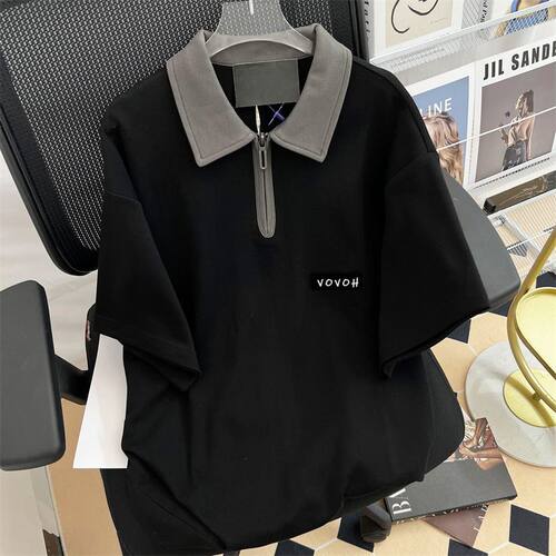 大码-300斤复古撞色拉链短袖t恤男女夏季宽松街头情侣polo衫上衣