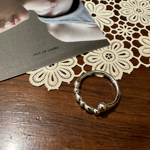 自制out label通体S925纯银亮银色大小不规则银球开口戒指