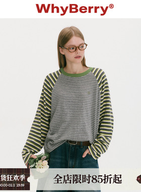 WhyBerry 25AW“青苹果”条纹宽松插肩袖上衣显瘦休闲长袖T恤