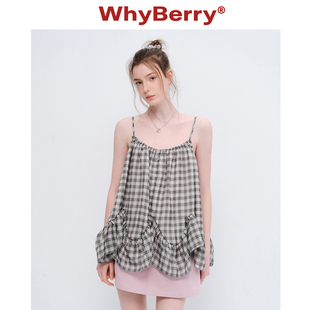 WhyBerry 野草莓 松弛感格纹吊带背心荷叶边装 饰上衣春夏 26SS