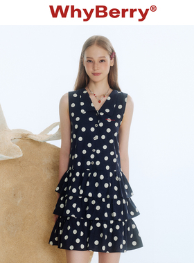 WhyBerry 25SS“夏恋曲”翻领格纹蛋糕裙撞色绣花纽扣连衣裙女夏