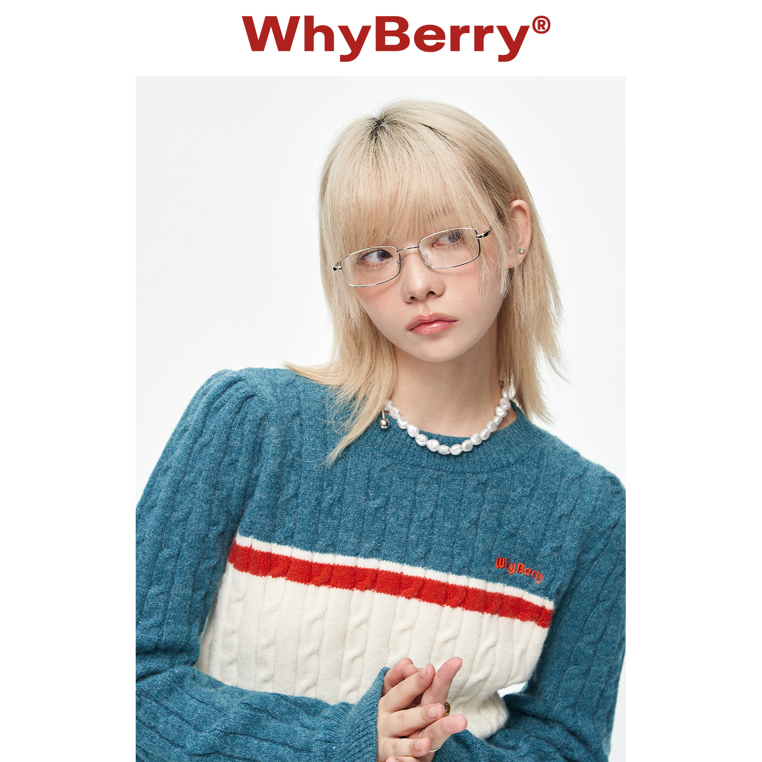 Whyberry圆领绞花撞色毛衣