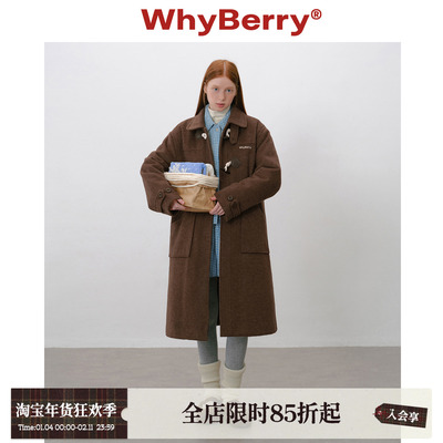 WhyBerry 25AW“草莓慕斯”牛角扣保暖外套落肩中长款气质大衣女