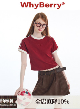 WhyBerry 24SS“学院夏日”美式复古T恤撞色短袖插肩袖红色上衣女