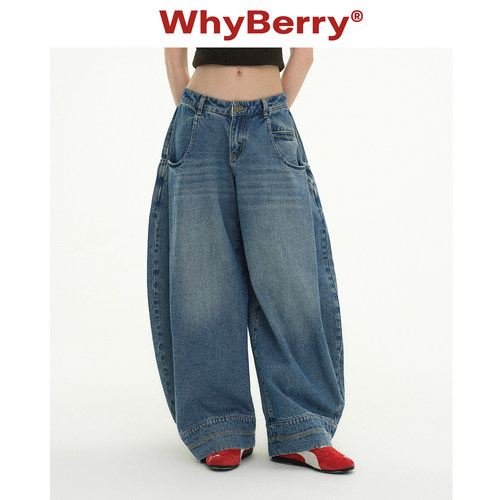 WhyBerry 26SS“丹宁回响”美式复古弯刀牛仔裤女水洗做旧阔腿裤