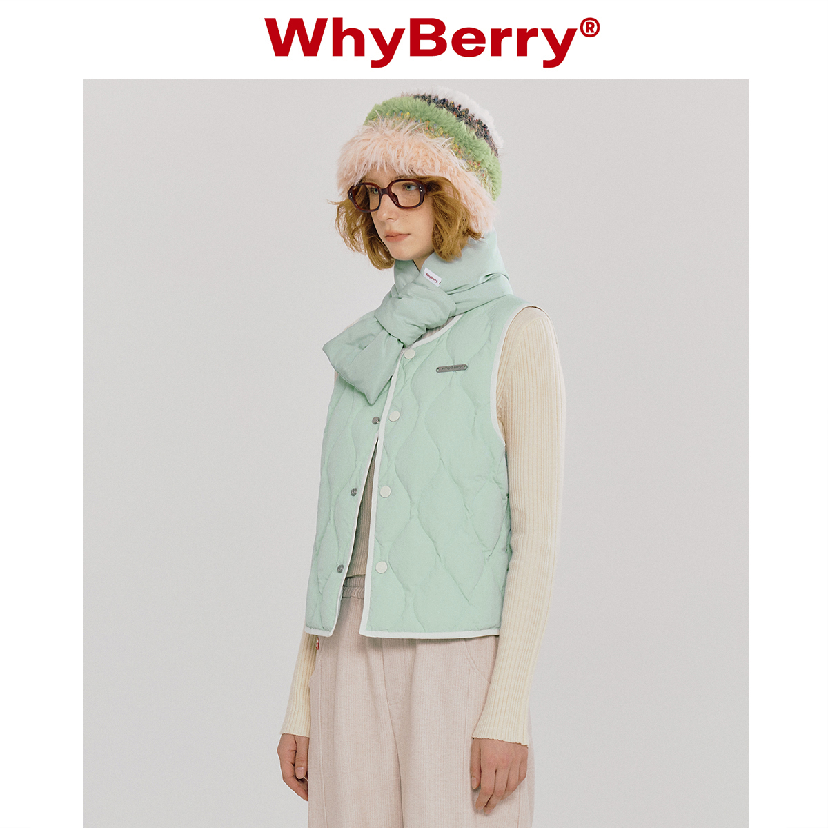 WhyBerry 23AW“薄荷白巧”海洋色羽绒服马甲短款背心外套少女风