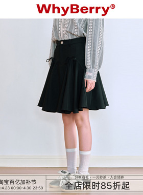 WhyBerry 24SS“庄园蝶影”A字百褶小短裙蝴蝶结半裙黑色密织绣花