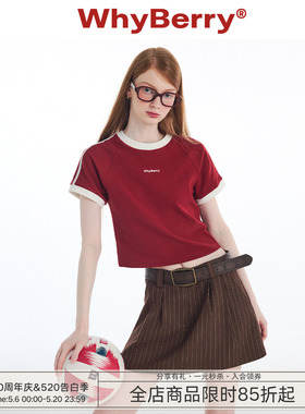 WhyBerry 24SS“学院夏日”美式复古撞色T恤红色修身短袖上衣女