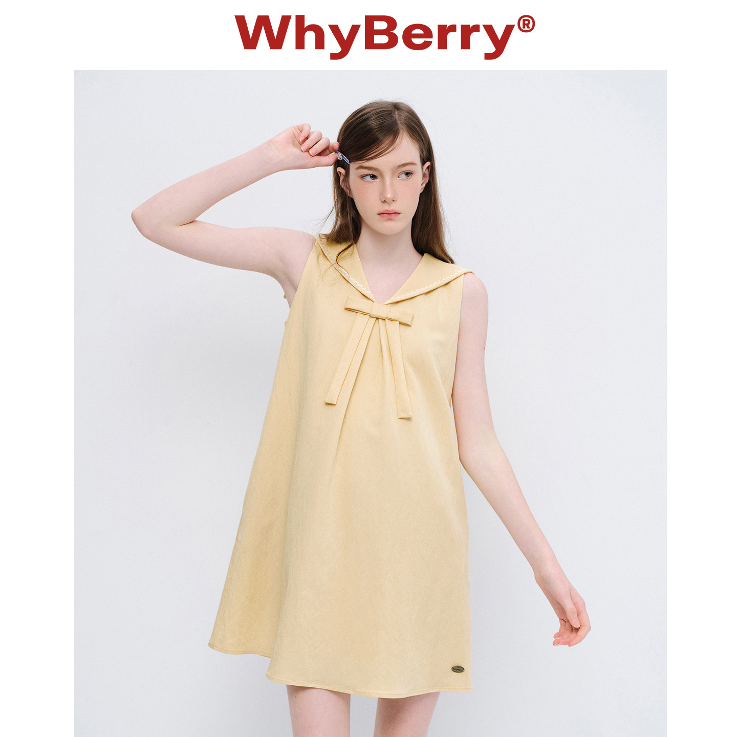 WhyBerry 26SS“少女纪元”蝴蝶结绑带连衣裙海军领a字无袖短裙女