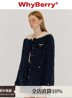 WhyBerry 23AW“夜空星辰”小香风圆领棉服星空外套小众黑色垫肩