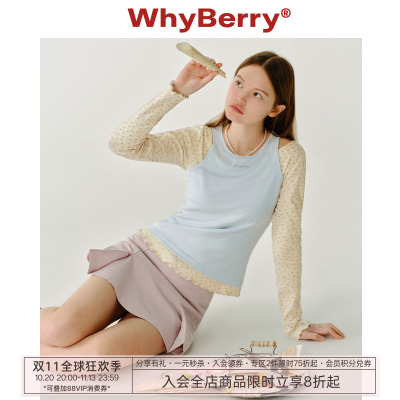 WhyBerry 25SS“蓝莓抹茶冰”碎花假两件T恤撞色上衣收腰少女风