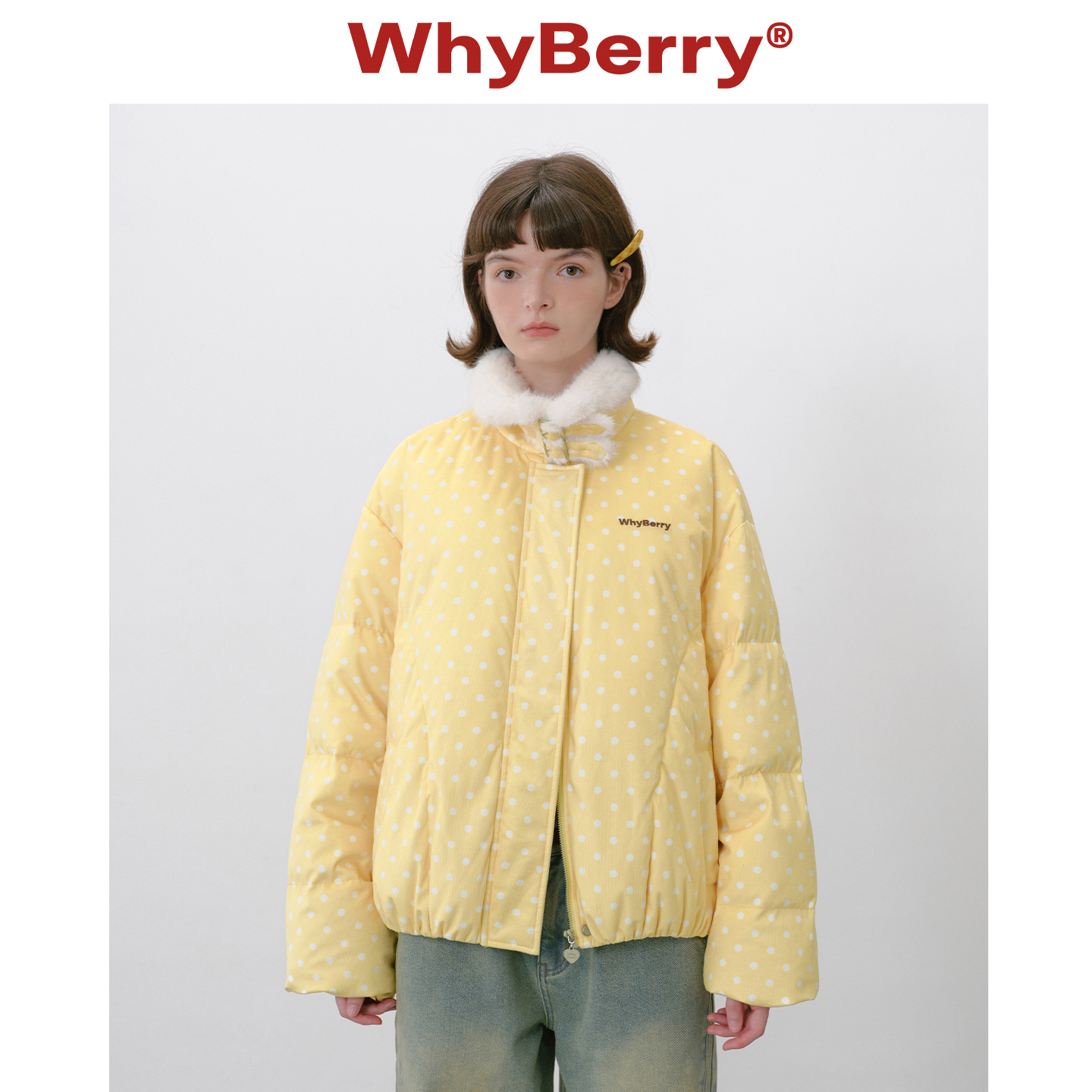 WhyBerry 25AW“芝士蜜桃冻”波点毛领羽绒服90白鸭绒秋冬短外套