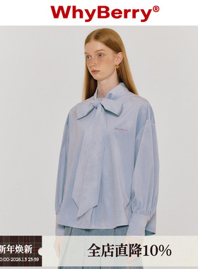WhyBerry 23AW“丝绒蓝莓”蓝色蝴蝶结衬衫宽松衬衣甜美风设计