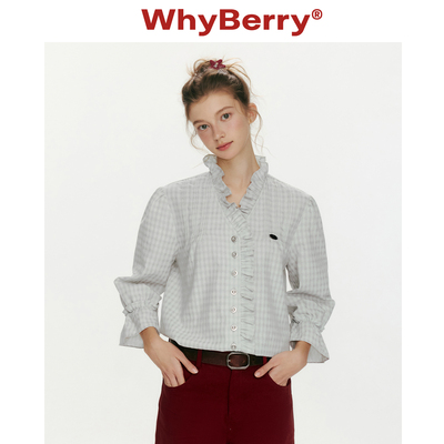 WhyBerry 26SS“花日春讯”法式V领木耳边衬衫宽松格纹喇叭袖衬衣