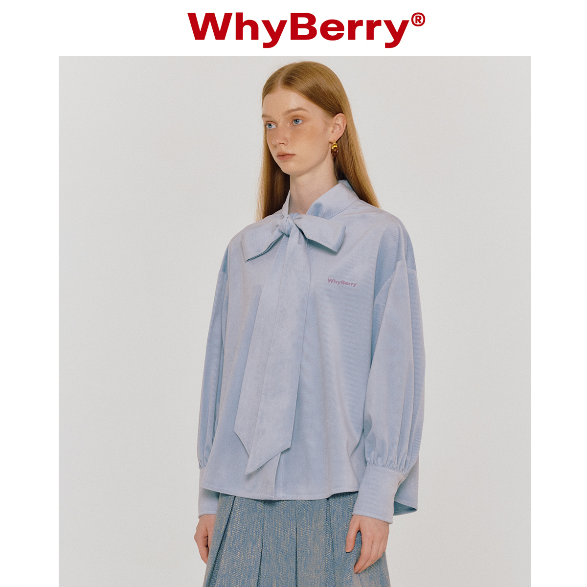 WhyBerry 23AW“丝绒蓝莓”蓝色蝴蝶结衬衫宽松衬衣甜美风设计-封面