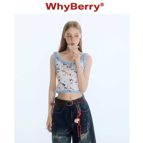 WhyBerry 25SS“冲浪小狗”撞色木耳边小狗上衣减龄修身短款背心