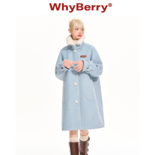 WhyBerry 冬日来信 蓝色毛呢大衣中长款 秋冬女外套学院风 22AW
